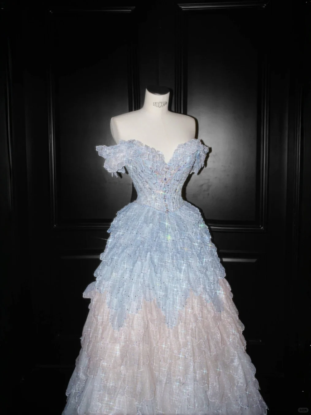 Gorgeous A Line Off the Shoulder Layered Beaded Blue Tulle Prom Dress Evening Dress DP2657