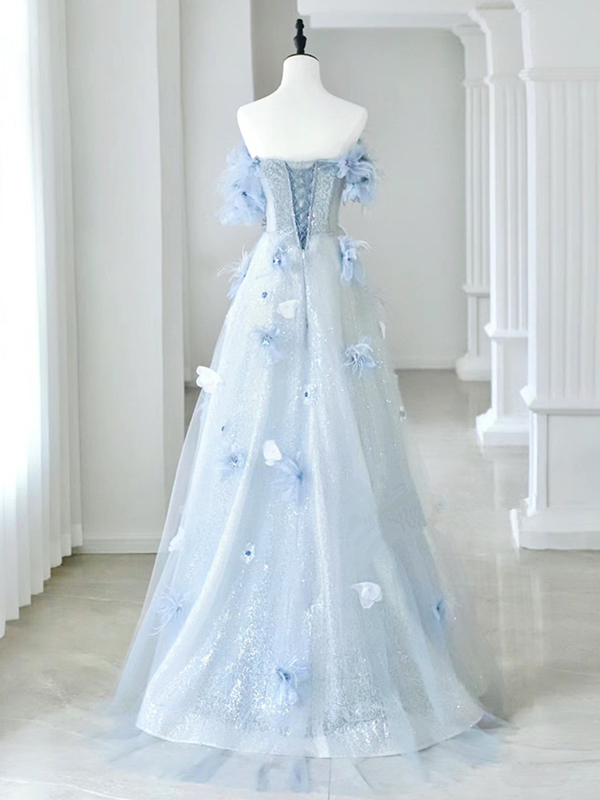 Blue Tulle Off the Shoulder Flower Prom Dress Strapless Formal Ball Gown Evening Dress DP678