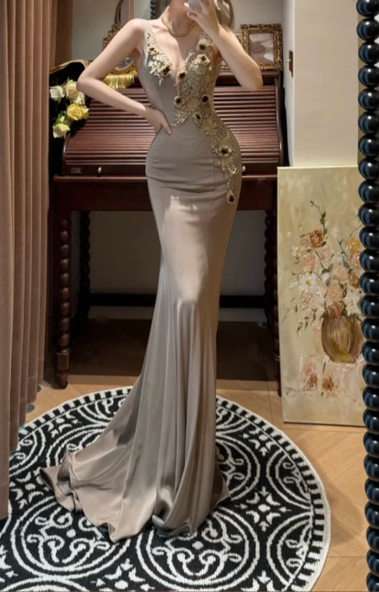 Elegant Mermaid Lace Appliques Satin Prom Dress Party Evening Dress DP5326