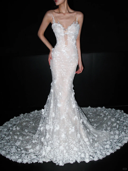 Glamorous Mermaid V Neck Floral Lace Tulle Long Wedding Dress DP5800