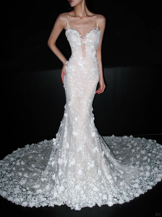 Glamorous Mermaid V Neck Floral Lace Tulle Long Wedding Dress DP5800