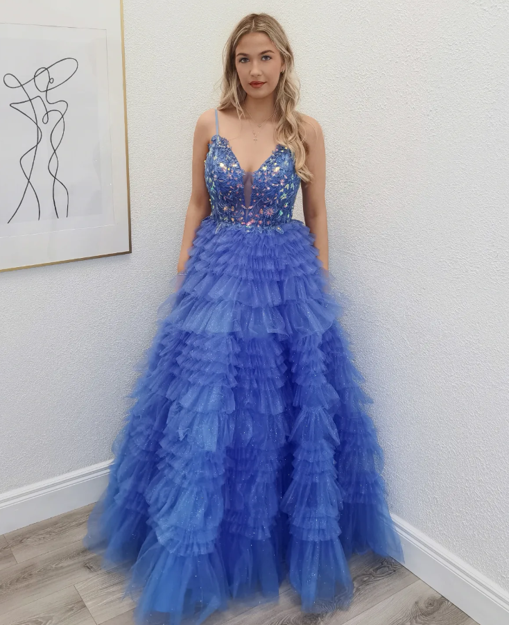 Stunning Blue A Line Spaghetti Strap Sequin Layered Tulle Long Prom Dress Evening Dress DP6766