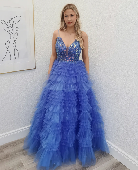 Stunning Blue A Line Spaghetti Strap Sequin Layered Tulle Long Prom Dress Evening Dress DP6766