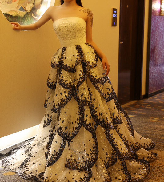 Inspiration A Line Strapless Tiered Sequin White Tulle Long Prom Dress Evening Dress DP1917
