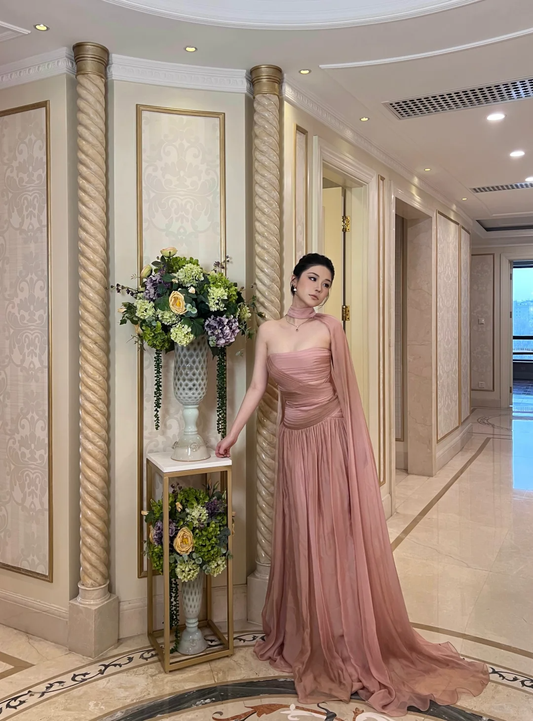 Elegant Pink A Line Strapless Pleated Chiffon Long Prom Dress Party Dress DP4467