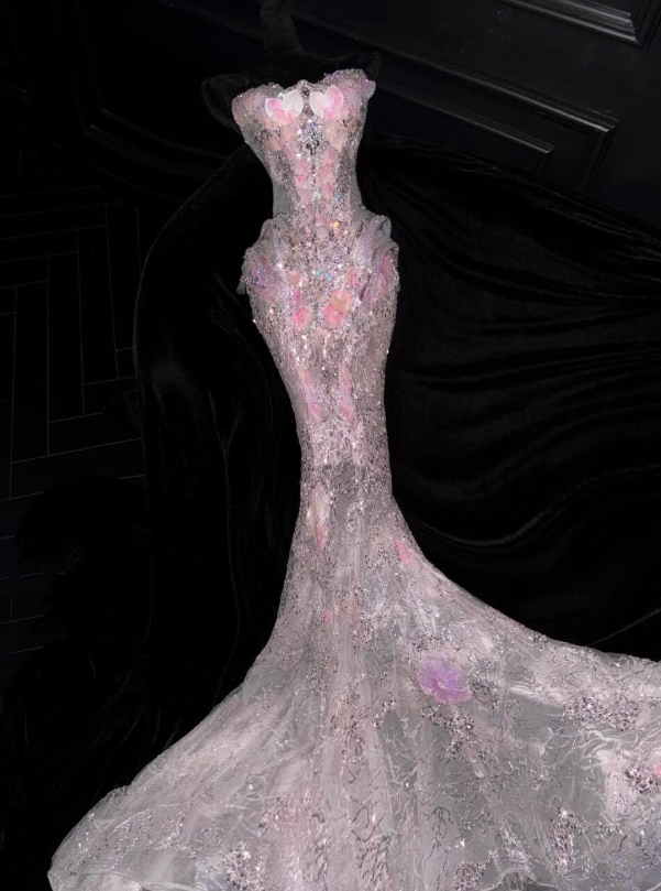 Stunning Pink Mermaid Strapless Exquisite Beaded Floral Tulle Prom Dress Evening Dress DP6620