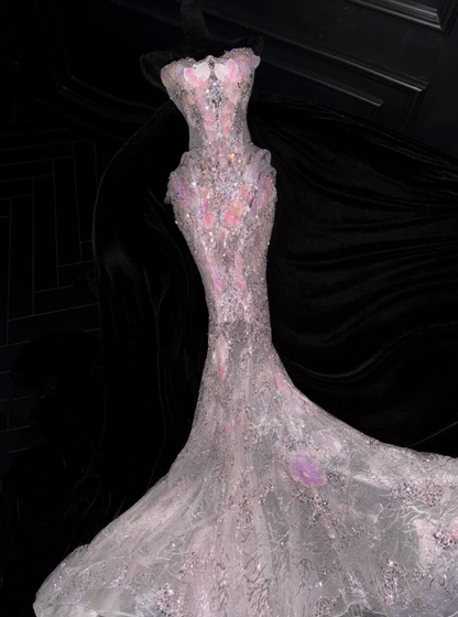 Stunning Pink Mermaid Strapless Exquisite Beaded Floral Tulle Prom Dress Evening Dress DP6620