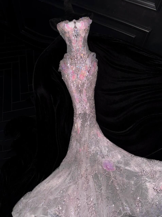 Stunning Pink Mermaid Strapless Exquisite Beaded Floral Tulle Prom Dress Evening Dress DP6620