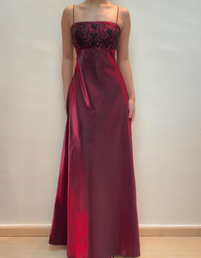 Sparkle A Line Spaghetti Strap Beaded Burgundy Satin Prom Dress Evening Dress DP1761