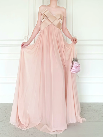 Sweety Light Pink A Line Strapless Chiffon Prom Dress Evening Dress DP6443