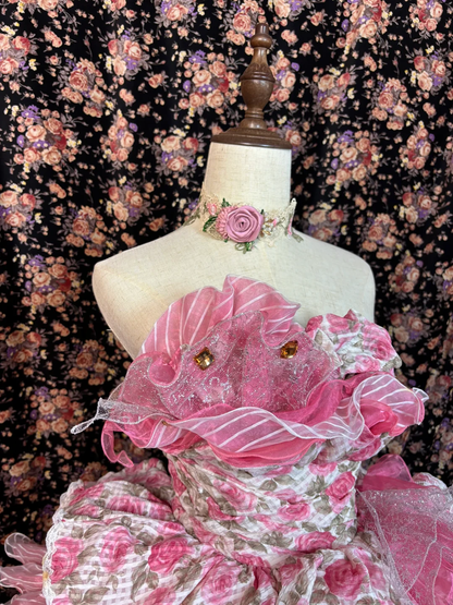 Vintage Pink Print Floral Ball Gown Strapless Layered Tulle Prom Dress Sweet 16 Dress DP5657
