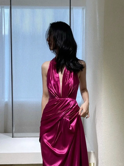 Sexy A Line Halter Pink Satin Open Back Long Party Dress Prom Dress DP2537