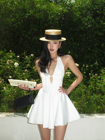 Open Back White A Line V Neck Satin Short Homecoming Dress Cocktail Dress DP2878