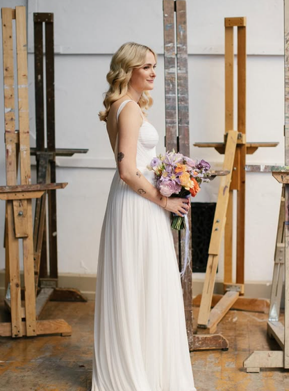 Flowy A Line Spaghetti Strap White Chiffon Wedding Dresses with Slit DP4349