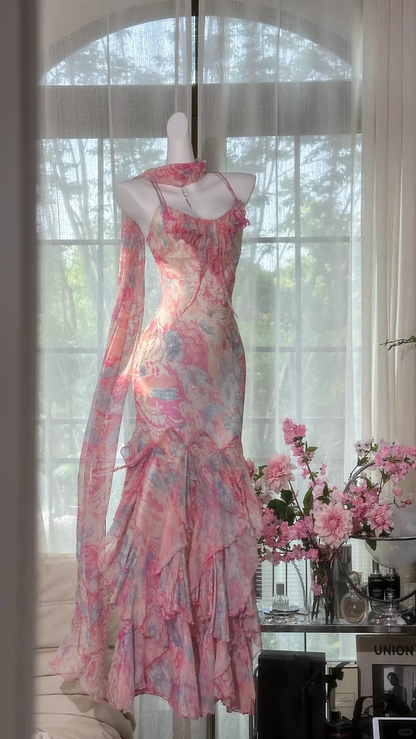 Pink Print Floral Beaded Romantic Ruffle Chiffon Evening Gown Birthday Gown DP2914