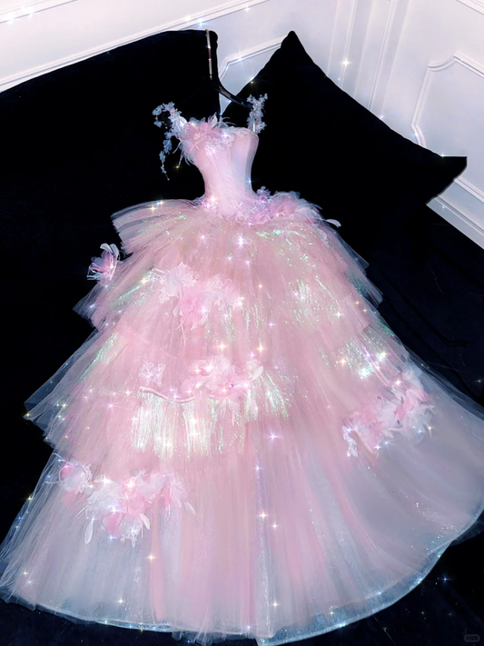 Dreamy A Line Straps Beaded Layered Flower Pink Tulle Prom Dress Party Dress DP2558