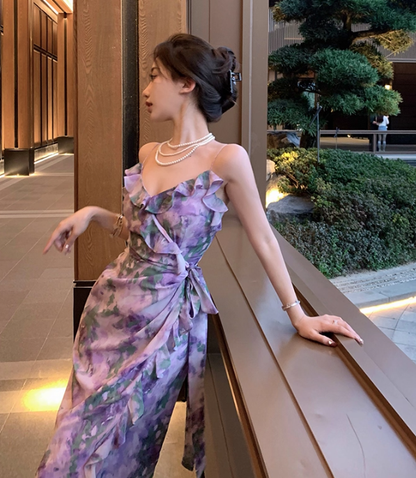 Mermaid Strap Print Floral Purple Chiffon Party Dress Evening Dress Outfits DP3406