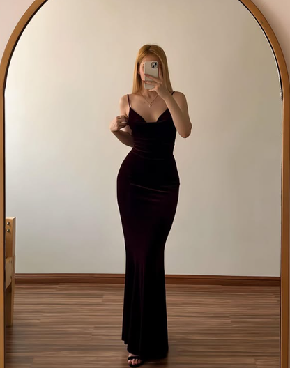 Dark Burgundy Sheath Spaghetti Straps Velvet Long Prom Dress Evening Dress DP6510
