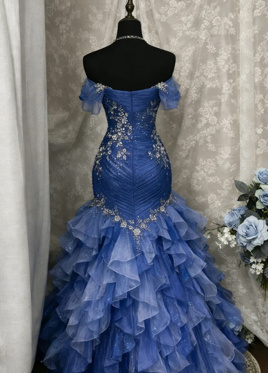 Blue Dreamy Mermaid Exquisite Beaded Layered Ruffle Tulle Prom Dress Evening Gown DP5039
