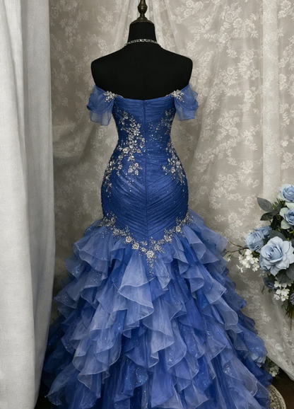 Blue Dreamy Mermaid Exquisite Beaded Layered Ruffle Tulle Prom Dress Evening Gown DP5039