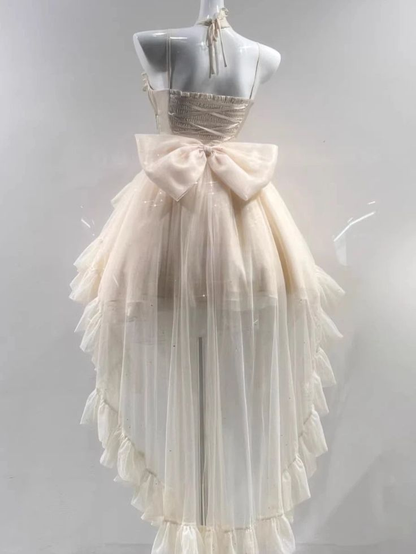 Vintage Apricot Tulle Hi-Low Ruffles Prom Dress Shiny Party Dress DP477