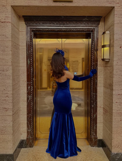 Sexy Classic Mermaid Strapless Royal Blue Velvet Prom Dress DP5023