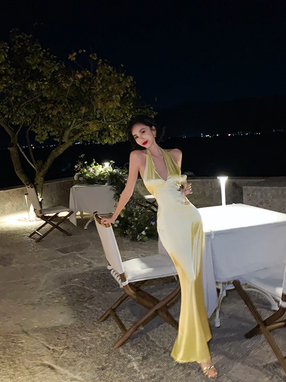 Yellow Mermaid Halter Satin Open Back Prom Dress Vacation Dress DP3863