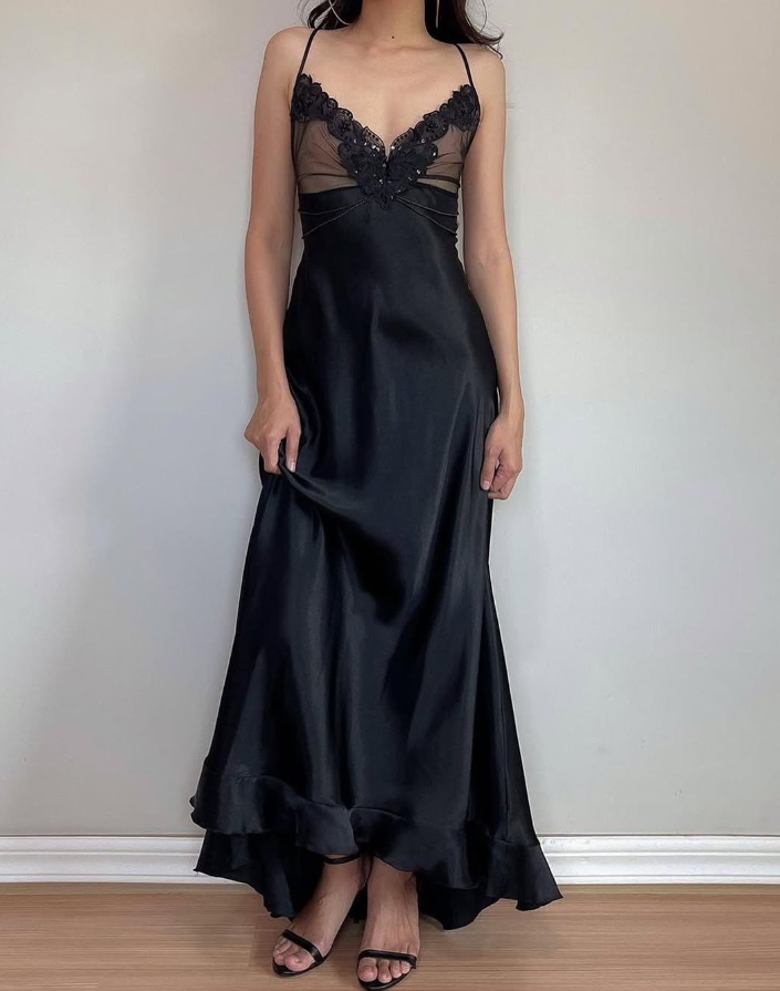Vintage A Line Spaghetti Straps Black Satin Prom Dress Evening Dress DP1499