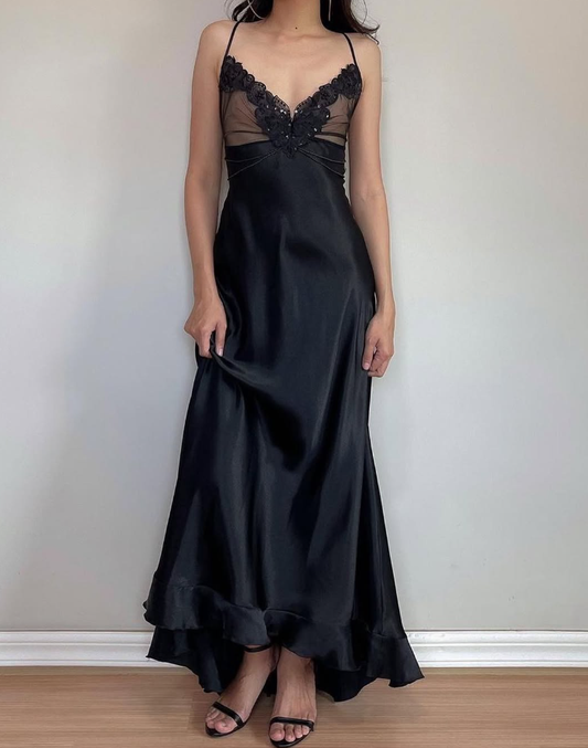 Vintage A Line Spaghetti Straps Black Satin Prom Dress Evening Dress DP1499
