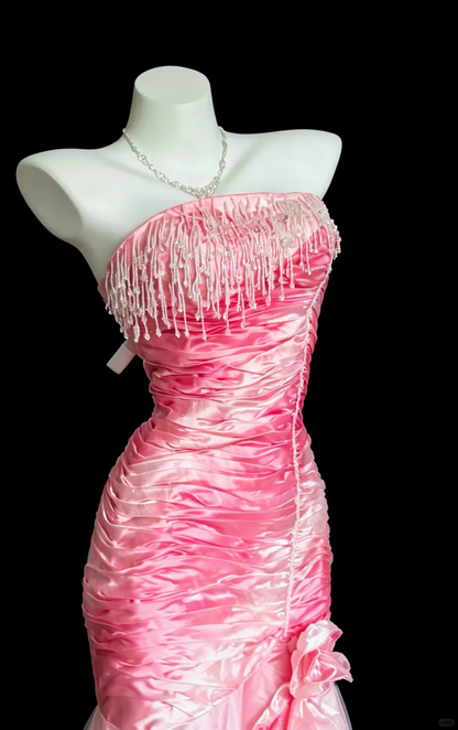 Vintage Pink Ombre Mermaid Strapless Beading Satin Prom Dress Party Evening Dress DP5348
