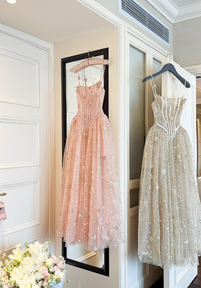 Dreamy Pink A Line Spaghetti Straps Embroidered Beaded Tulle Prom Dress Evening Dress DP6135