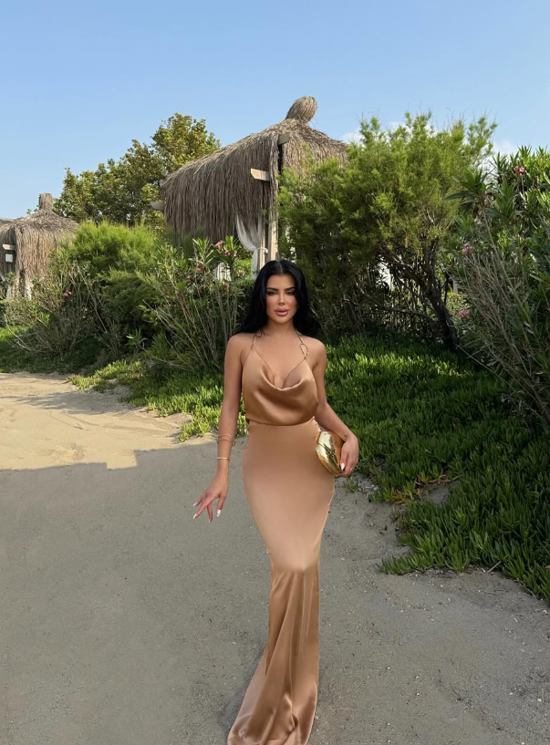 Light Brown Sheath Halter Satin Backless Long Prom Dress Party Dress DP8210