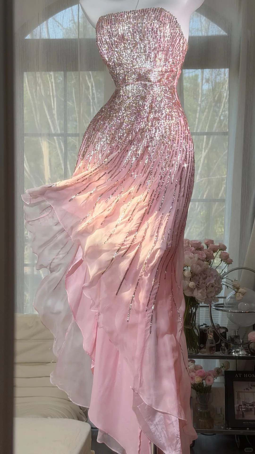 Pink Fairy A Line Strapless Shiny Sequin Chiffon Prom Dress Graduation Prom Dress DP4941