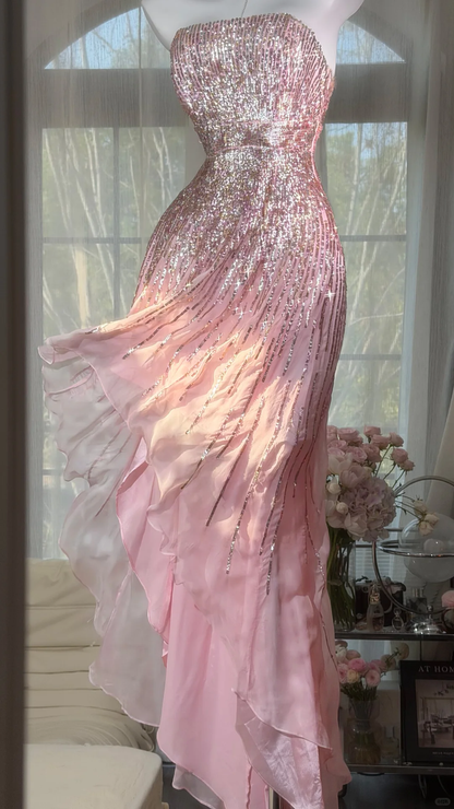 Pink Fairy A Line Strapless Shiny Sequin Chiffon Prom Dress Graduation Prom Dress DP4941