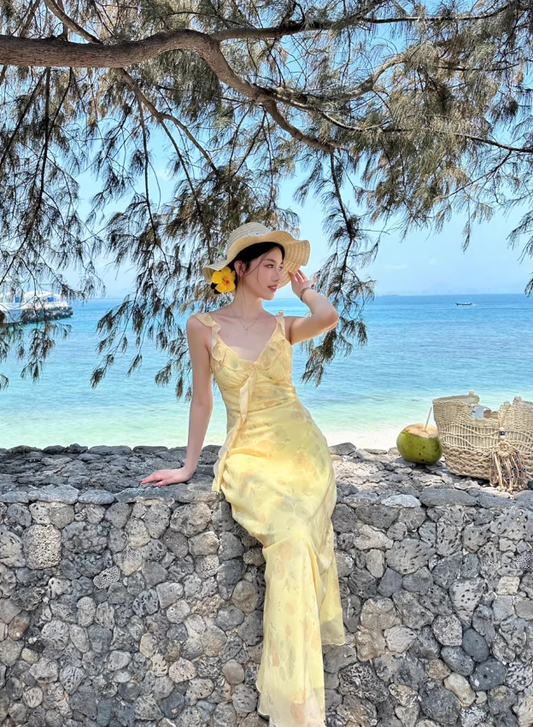 Yellow Sheath Strap Print Floral Chiffon Party Dress Evening Dress Outfits DP3405