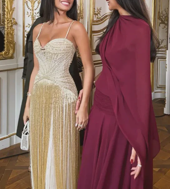 Gold A Line Spaghetti Straps Beaded Satin Long Prom Dress Evening Dress DP4807