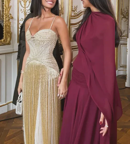 Gold A Line Spaghetti Straps Beaded Satin Long Prom Dress Evening Dress DP4807