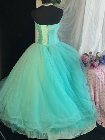 Vintage Ball Gown Strapless Beaded Layered Blue Tulle Satin Prom Dress 18th Birthday Dress DP4153