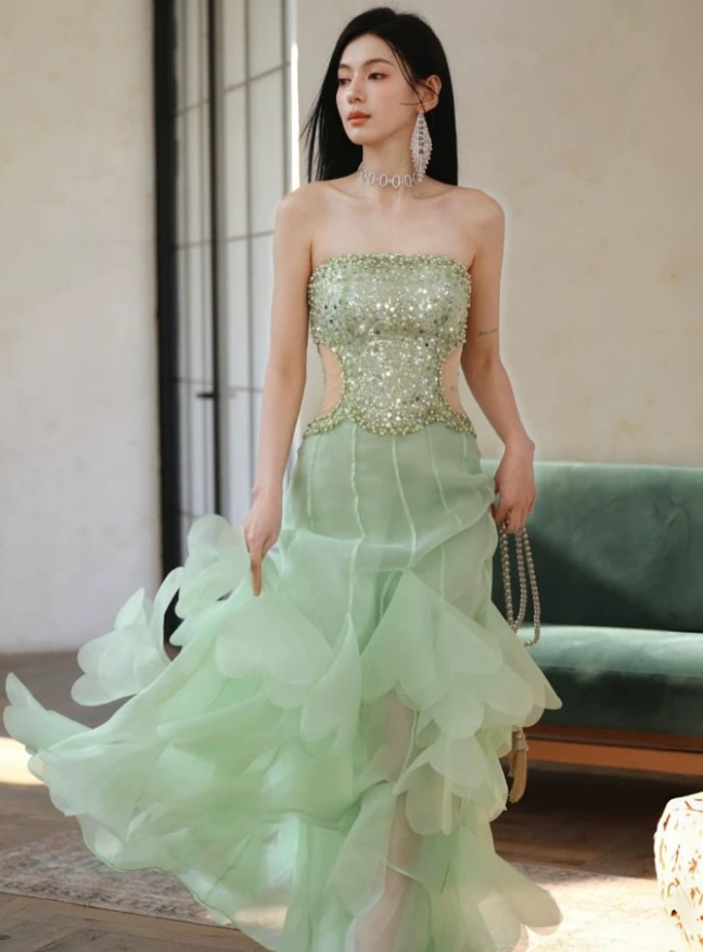 Summer Green Sequin Layered Chiffon Prom Dress Evening Dress DP5428