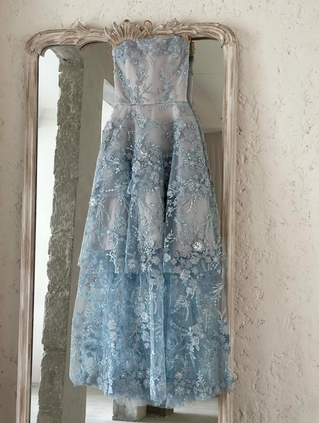 Gentle Baby Blue A Line Strapless Embroidery Floral Tulle Prom Dress Evening Dress DP5780