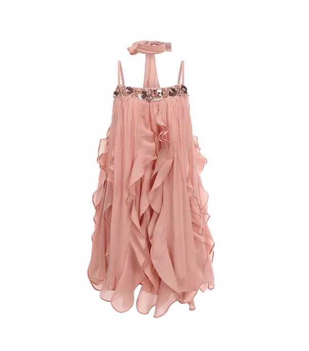 Pink A Line Spaghetti Strap Sequin Ruffle Chiffon Short Homecoming Dress Outfits DP3476