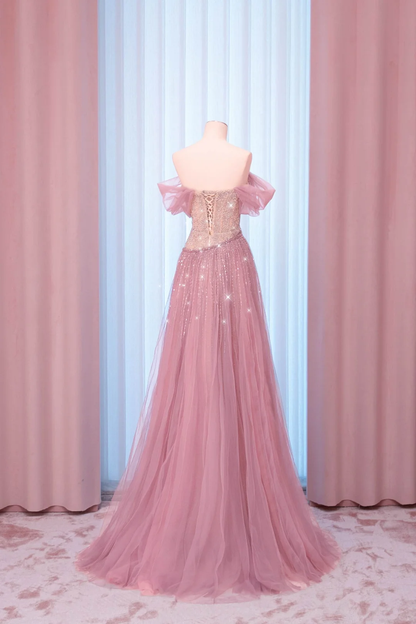 Elegant A Line Beaded Pink Tulle Long Date Dress Prom Dress Evening Dress DP3430