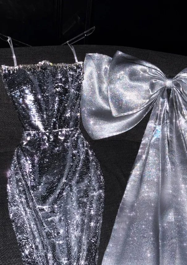 Shiny Silver Sequin Mermaid Strapless Beaded Bow Satin Long Prom Dress DP4643