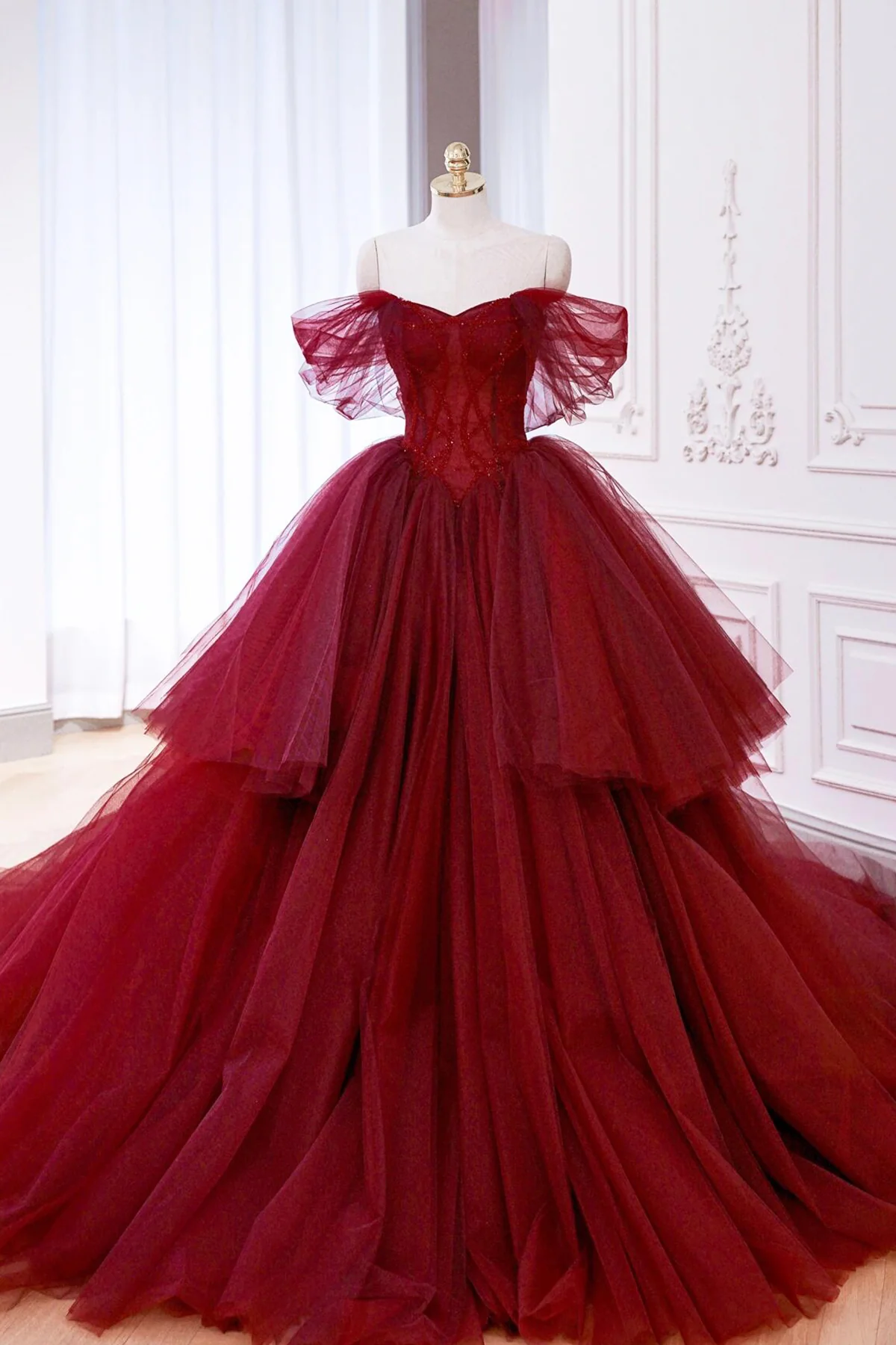 Off The Shoulder Tulle Red Sweet 16 Dress Ball Gown DP346