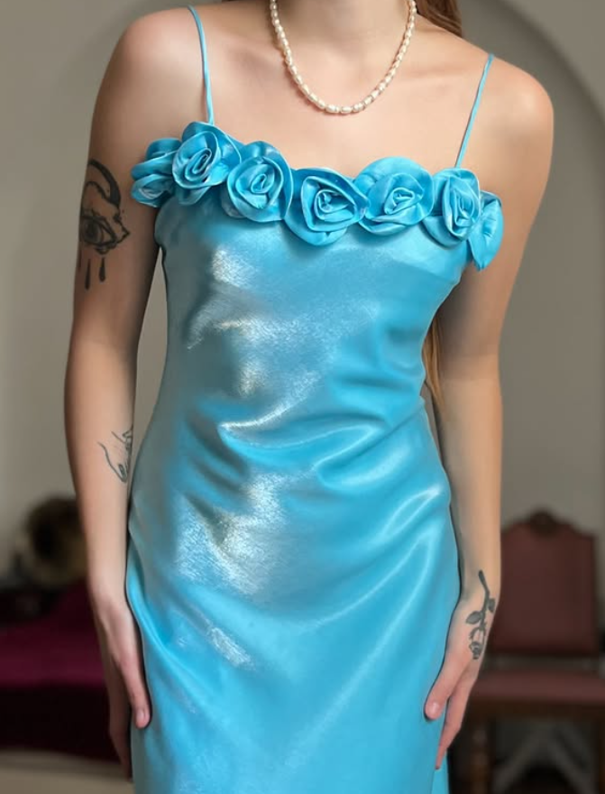 Dazzling Blue A Line Straps Floral Satin Prom Dress Evening Dress Date Dress DP5710