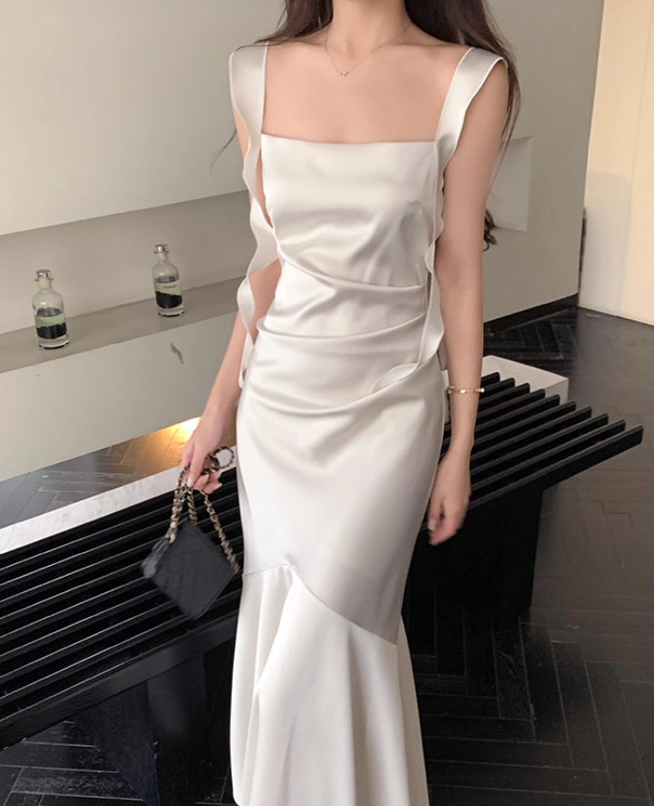 Elegant White Mermaid Straps Satin Prom Dress Formal Dress Evening Dress DP3451
