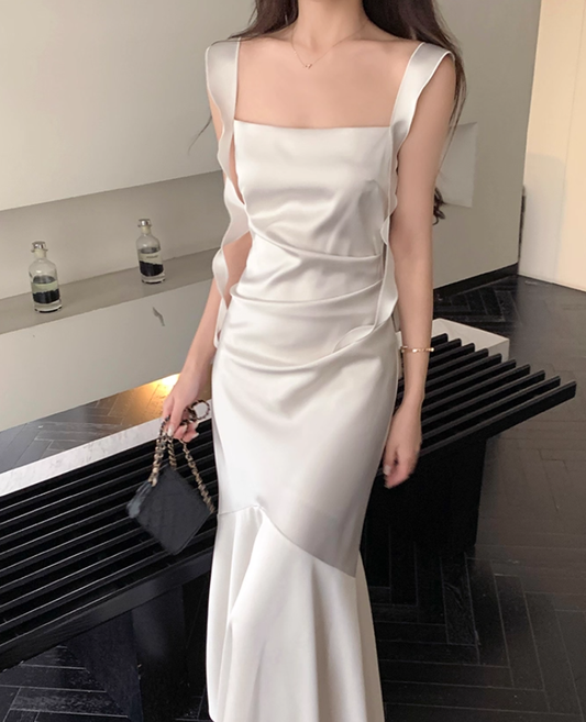Elegant White Mermaid Straps Satin Prom Dress Formal Dress Evening Dress DP3451