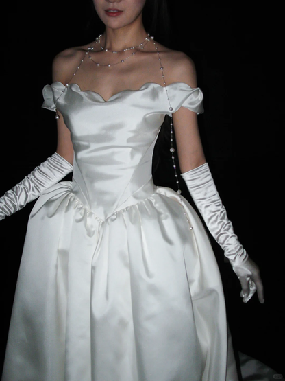 Chic Ball Gown Off the Shoulder White Satin Long Train Wedding Dress DP8100