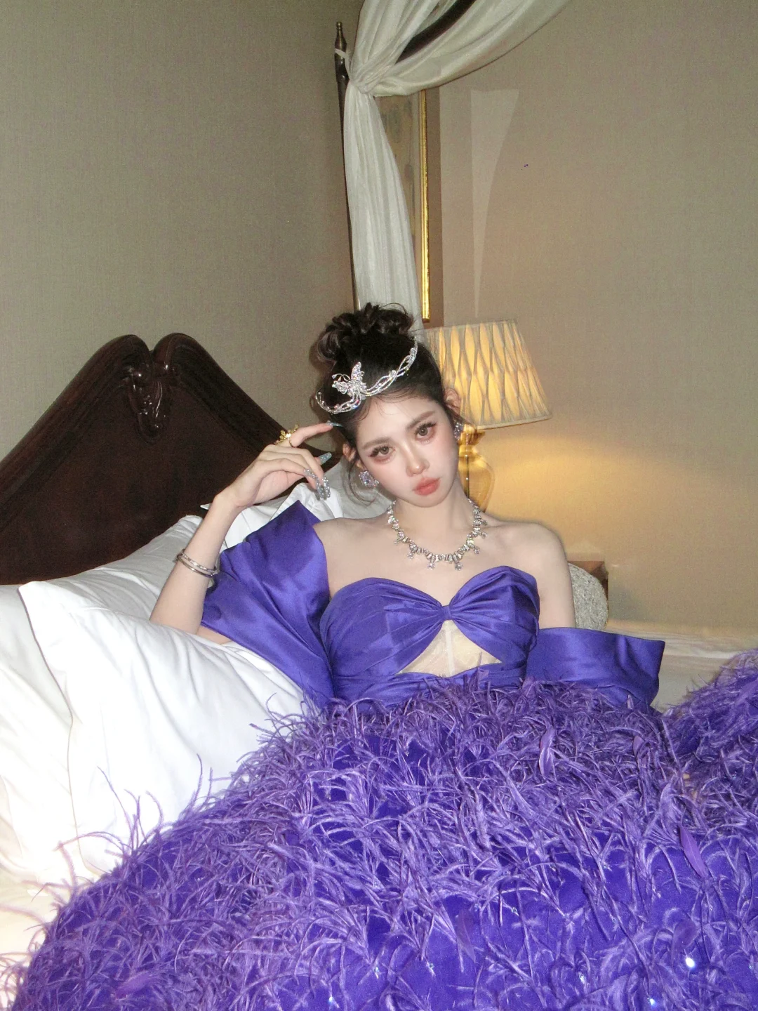 Charming A Line Sweetheart Neck Grape Purple Feather Satin Ball Gown Prom Dress DP2521