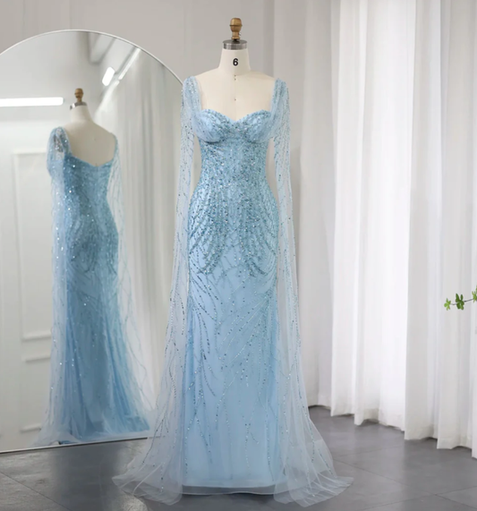 Blue Luxury Mermaid Beads Sequins Tulle Evening Dresses with Cape Sleeves DP1403